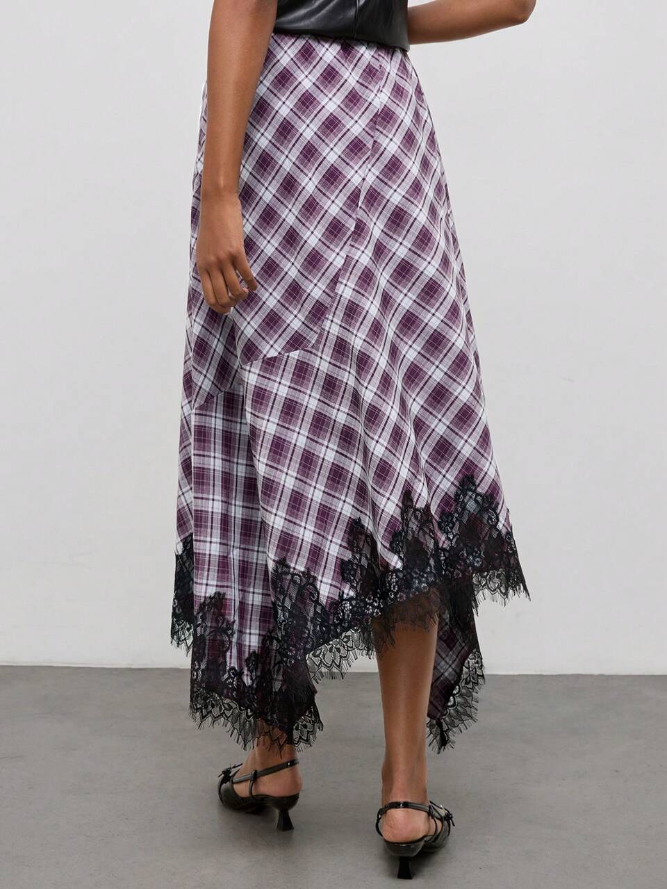 SHEIN Maija Purple Plaid Women's Skirt With Lace Patchwork And Bandana Hem, Urban Casual Style, Summer And Autumn