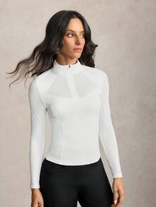 Activina 女款 Bar Color 立領半開襟對比拉鍊套頭馬術上衣 長袖 T-shirt 時尚夏季秋季透氣面料 - 白色 - 查看 7
