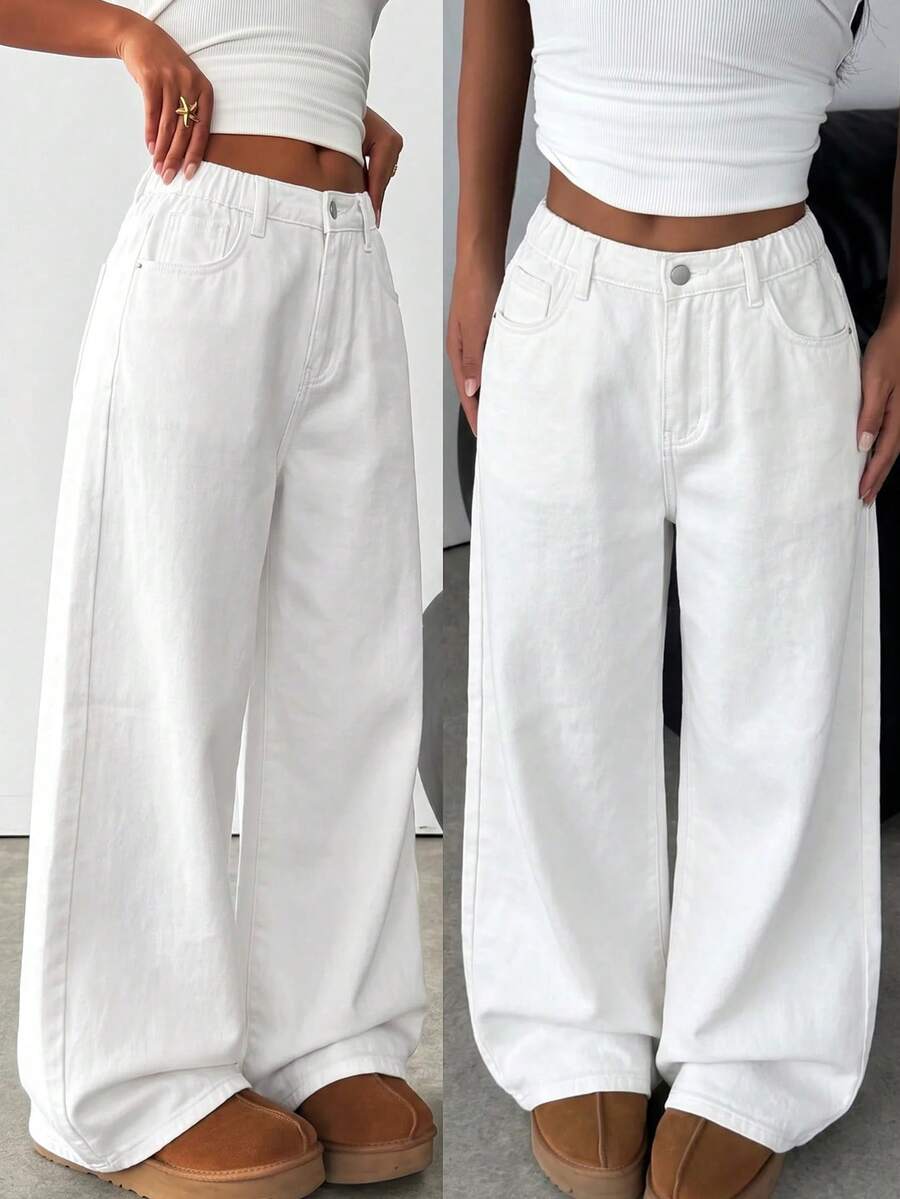SHEIN Teen Girls White Denim Fleece Lined Loose Fit Long Pants, Autumn/Winter - White - View 1
