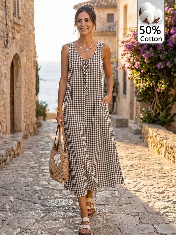 Sylviya Casual Tropical Women's Summer Vacation Cotton Brown Plaid Plaid Dress Vacation Summer Dress Fall Clothes Casual Dresses For Women