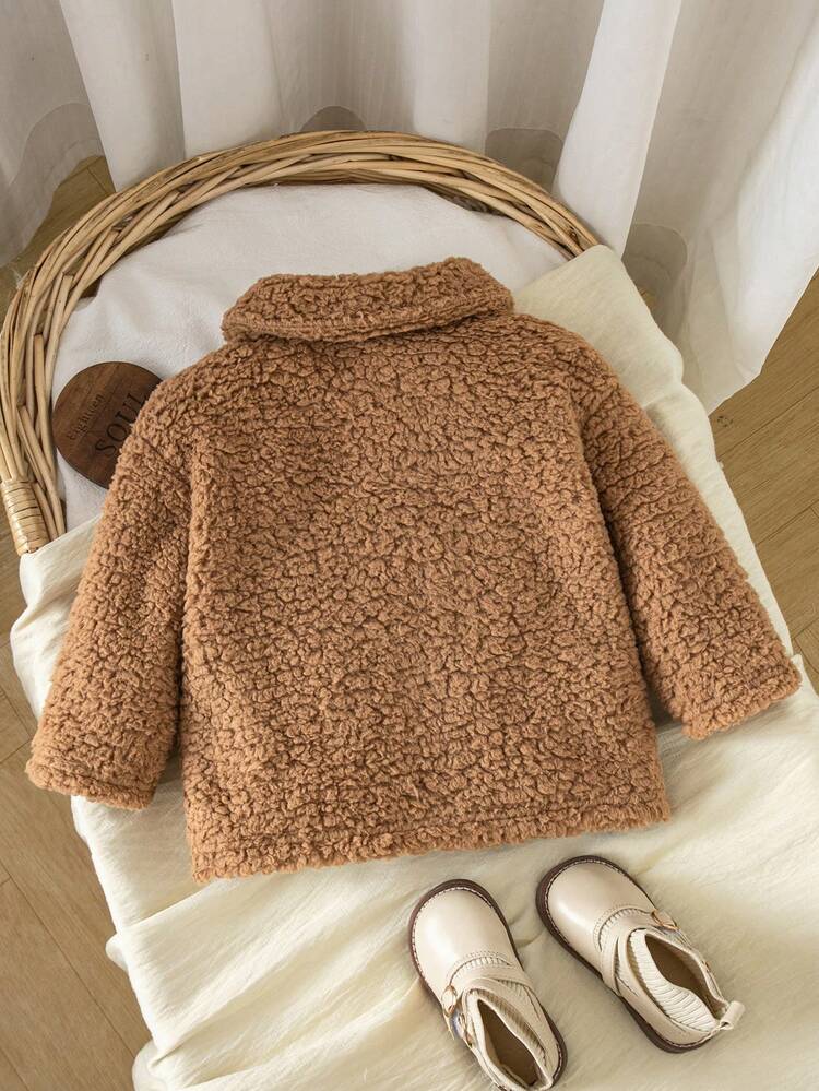 SHEIN Baby Girl Knitted Solid Color Plush Collar Casual Long Coat With Thermal Lining Brushed Thick Style Suitable For Winter - Brown - View 2