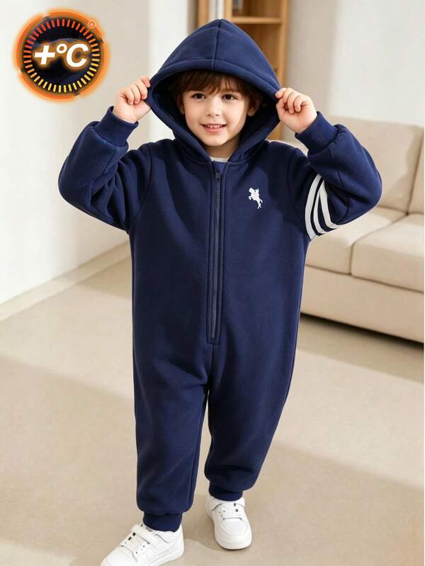 SHEIN Boys' Hooded One-Piece Jumpsuit, Navy Blue, Autumn Casual Fashion Set, Suitable For Indoor, Outdoor, Skiing, Sports, Party, Photography, Holiday, Halloween And More Occasions.