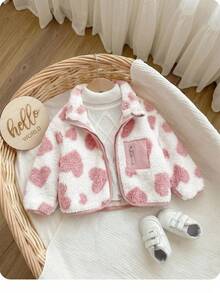 SHEIN Babygirl Cute Autumn/Winter Heart Pattern Fluffy Stand Collar Jacket - Pink - View 3