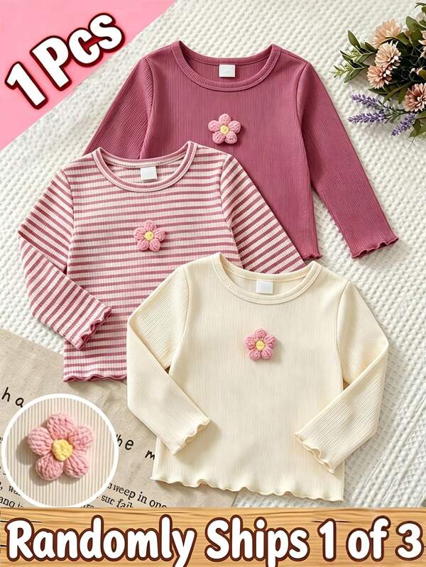 Souflis Souflis 1 Random Item From 3 Young Girls 3D Floral Wood Ear Trim Long Sleeve Ribbed Fitted Autumn Top