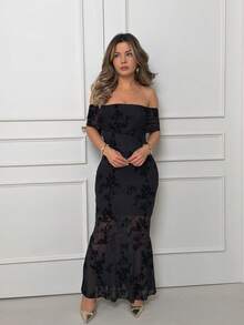 Jemour Women's Floral Mesh Ruffle Off-Shoulder Fitted Mermaid Hem Elegant Dress Sundress Cocktail Dress Black - Black - View 3