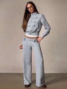 Athîral Women's Casual Straight Tube Loose Button Decoration Military Napoleon Decoration Pants, Summer Loose Daily Casual Date Party - Grey - View 3