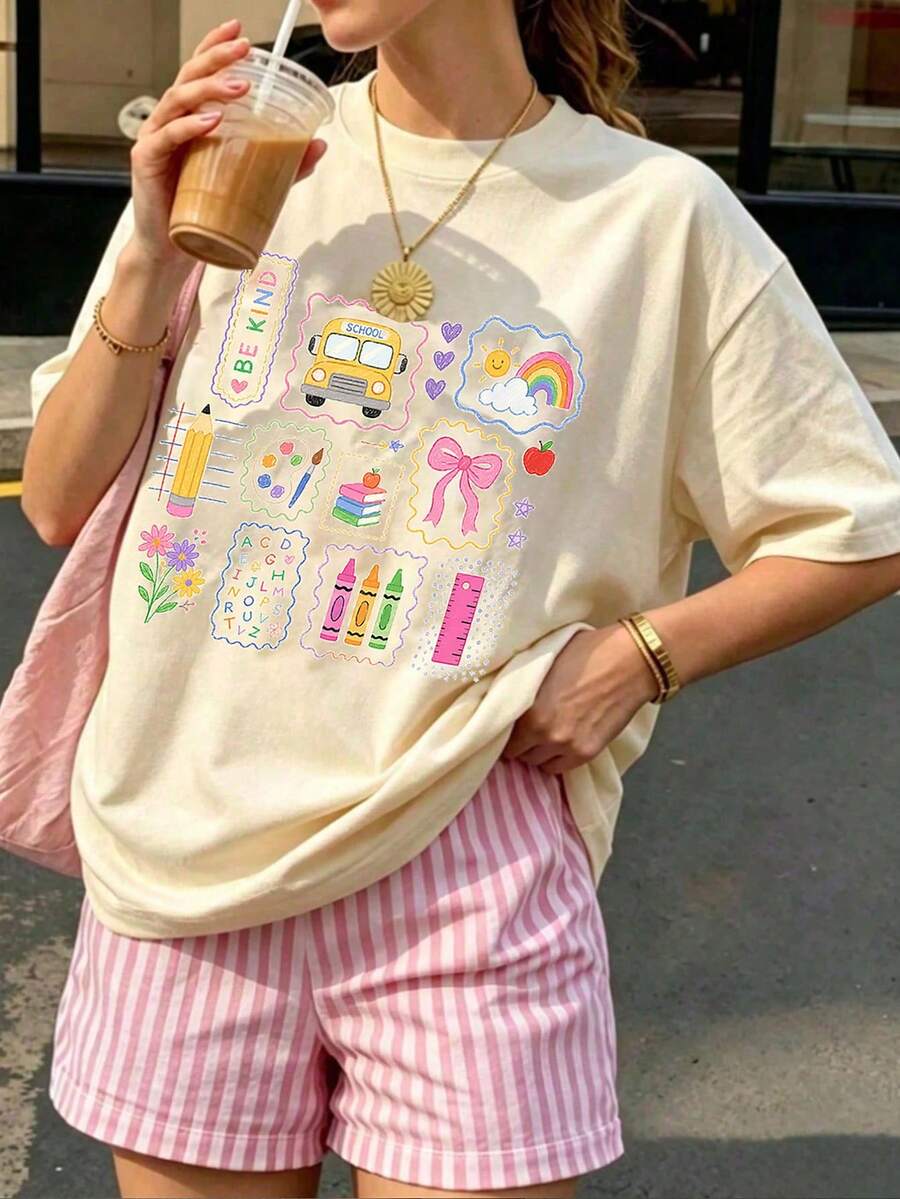 青少年女孩休閒圖案短袖寬鬆落肩T恤,適合夏季 - 彩色 - 查看 1