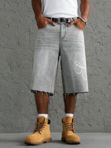 Manfinity EMRG Men's Casual Daily Denim Wide Leg Shorts With Pocket, Button And Letter Pattern - Light Grey - View 6