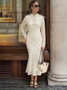 SHEIN PariChic Women's French Elegant Retro 70s White Dress Date Party Fall - Beige - View 4
