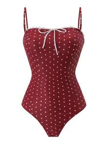 Swim Oasis 女款 2 件式夏季海灘泳裝套裝，一件式棕色格紋印花平口荷葉邊泳衣 + 透視層次裙，優雅海灘穿搭泳裝套裝 - 紅色 - 查看 4