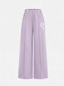 SHEIN Girlism 青少年女孩愛心圖案印花圓領長袖T恤與百褶長褲套裝 - 紫色 - 查看 6