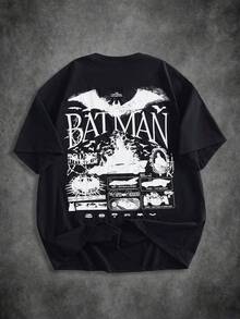 BATMAN X SHEIN 男士休闲蝙蝠印花短袖T恤，夏季 - 黑色 - 查看 1