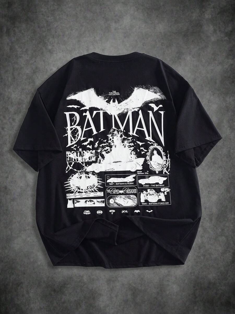 BATMAN X SHEIN 男士休闲蝙蝠印花短袖T恤,夏季 - 黑色 - 查看 1