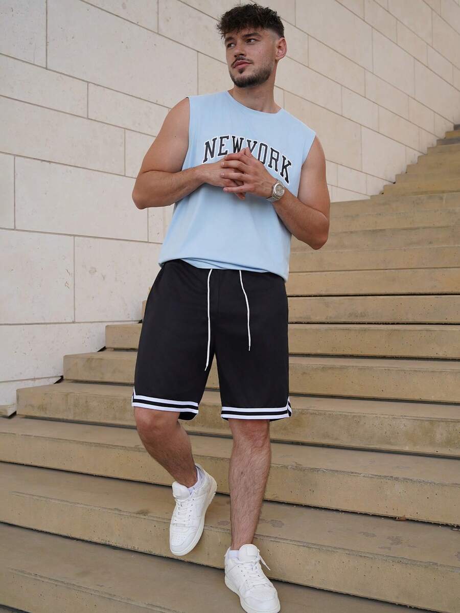 LEOGASHI Men's Street Academy Style Black And White Casual Shorts,Summer Loose-Fitting Gym Sporty Wear,High Street Color-Blocking Drawstring Design - Black - View 1