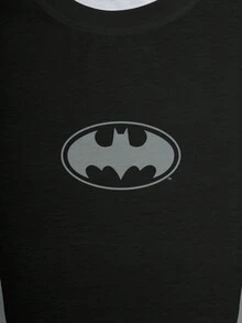 BATMAN X SHEIN Camiseta de manga corta de cuello redondo con estampado de murciélago de color contrastante, casual para hombre, verano - Blanco - Ver 4