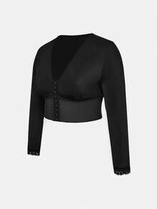 SHAPORA 1pc Plus Size Long Sleeve Lace Cuff Wide Hem Shaping Top - Black - View 6