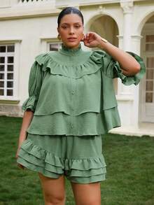 VOLUPTÉ CURVE Plus Size Women's Summer Green Faux Linen Stand Collar Puff Sleeve Set, Ruffle Crop Casual Commute Vacation Two Pieces Set Fall - Green - View 5