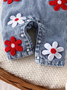 SHEIN Playful Pals 2件組女嬰可愛草莓刺繡圍兜褲，柔軟棉質藍色夏季親子套裝，休閒日常穿著 - 紅色 - 查看 6
