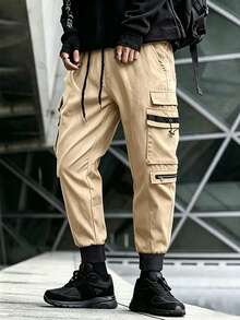 Manfinity Roghcode Men's Casual Drawstring Waist Versatile Daily Wear Cargo Pants - Khaki - View 3
