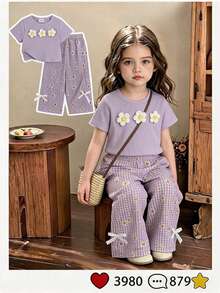SHEIN Vintaside Kids 2件組少女紋理上衣搭配3D花朵裝飾與休閒長褲，適合日常休閒穿著 - 紫色 - 查看 1