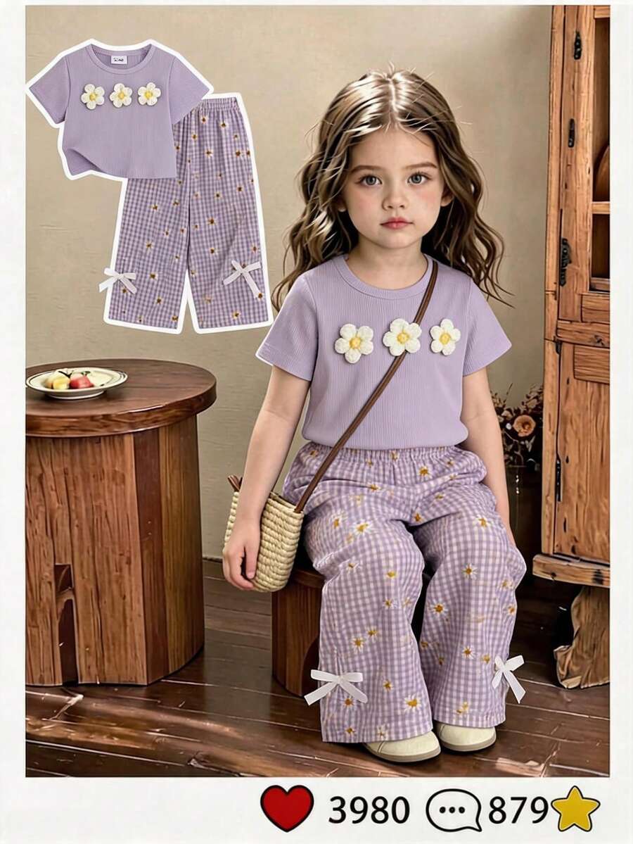 SHEIN Vintaside Kids 2件組少女紋理上衣搭配3D花朵裝飾與休閒長褲,適合日常休閒穿著 - 紫色 - 查看 1