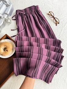 Comfortcana Plus Size Casual Versatile Striped Drawstring Waist Long Pants For Daily Wear - Watermelon Pink - View 1