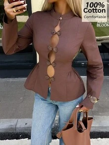 Siren Gaze Women's Cotton Mandarin-Collar Shirt With Frog Closures – Cut-Out Detail, Fitted Waist, And Ruffled Hem; Elegant & Versatile (Coffee Brown) - Brown - View 6