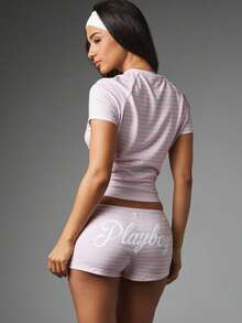 Missguided x Playboy Bunny Logo Striped Mini Shorts With Drawstring Waist Side Pockets And Signature Script Back Print Co-Ord Set - Multicolor - View 3