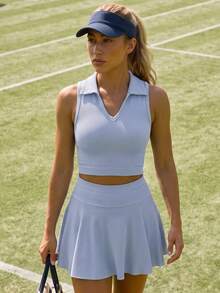 CourtClass CourtClass Women's Fashion Tennis Outfit Set, Sports Skirt And Tank Top - Sky Blue - View 3