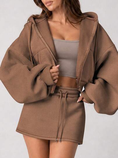 INAWLY Conjunto de sudadera con capucha de manga larga con hombros caídos y cremallera, y falda con cintura de cordón para mujer en unicolor