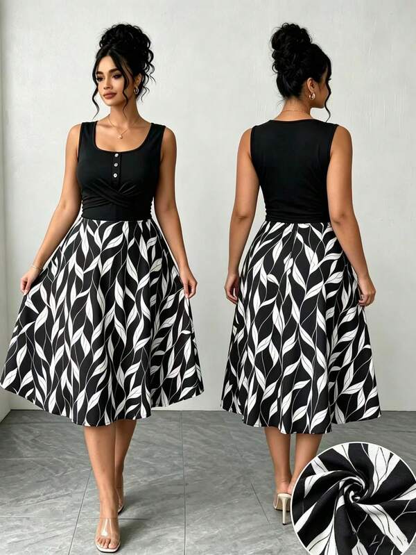 Elenzga Abito corto casual stile country nomade taglie forti, in maglia nera con cinturini incrociati, patchwork e stampa su base nera