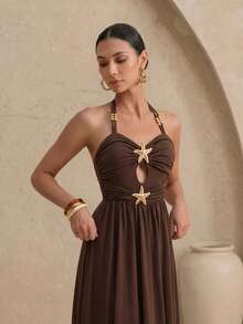 Swim Oasis Vintage Dark Brown Halter Maxi Dress, Starfish Decor + Hollow Out Design, Ruched Waist + Flared Hem, Beach Vacation Style, Atmospheric, Comfortable, Versatile And Slimming - Brown - View 3