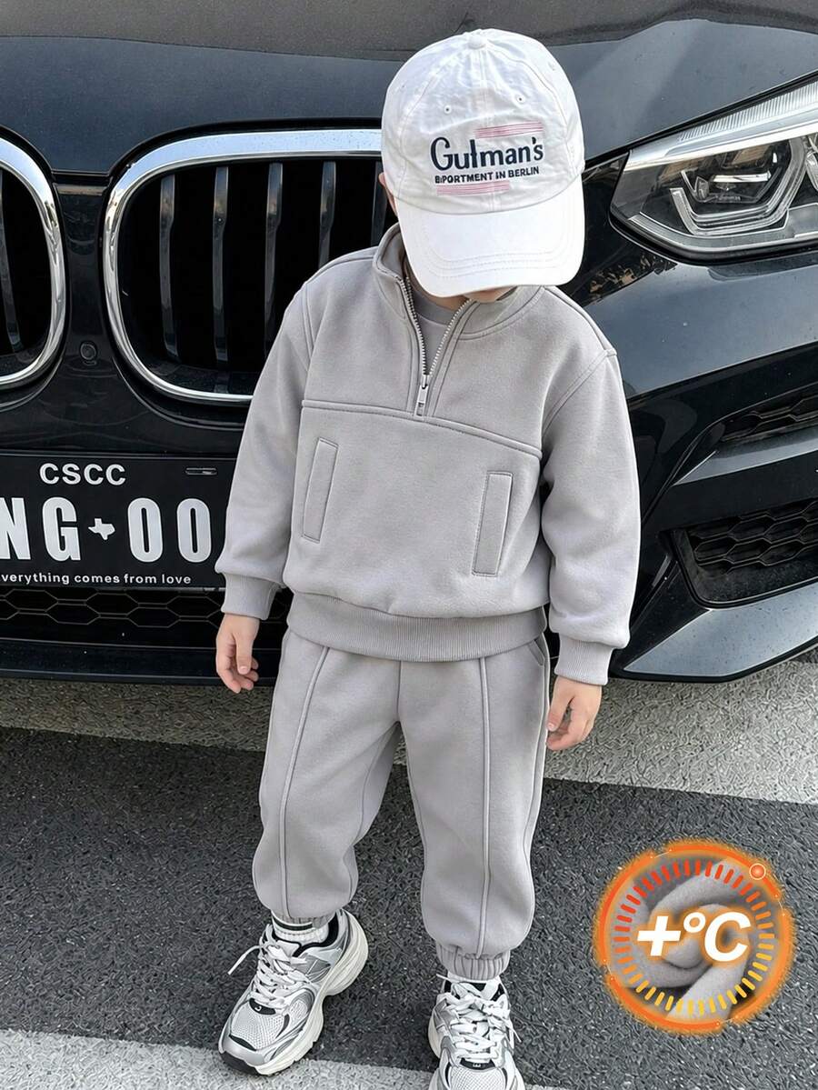 2pcs Boys Fashion Casual Minimalist Half-Zip Stand Collar Sweatshirt & Sweatpants Set, Daily Wear - Light Grey - View 1