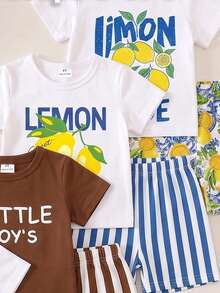 Randomly Ships 3 Of 5,Letter Print Crew Neck Short Sleeve Top And Matching Print Shorts Outfit Set For Outdoor Activities,School Clothes - Multicolor - View 5