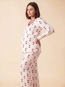 SHEIN 爱心印花哺乳友好型圆领长袖上衣和裤子孕妇睡衣套装 - 彩色 - 查看 3