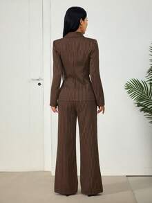 SHEIN PETITE 女款條紋單排扣長袖夾克與長褲休閒日常套裝 - 棕色 - 查看 3