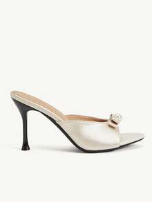 CUCCOO CHICEST Nouvelles chaussures à talons hauts pour femmes à bout rond, sandales à talons aiguilles, nœud en perles, tissu satin, couleur abricot, mode élégante, pour rendez-vous, fête, mariage, printemps et été - Nude - Voir 3