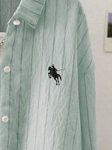 Sparklyn 青少年 13-19 歲米白色條紋長袖 Polo 刺繡襯衫 - 綠色 - 查看 4