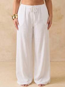 SHEIN Tall CURVE 大尺碼女款純色腰部綁帶寬腿休閒長褲 - 白色 - 查看 7