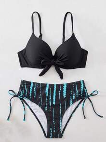 SHEIN Swim Swim Lushoire 2件組成熟熱帶性感女款泳衣，青藍孔雀綠繫帶式比基尼上衣搭配植物印花短褲套裝，夏季海灘適用 - 黑色 - 查看 5