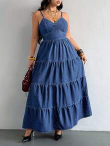 SHEIN Holidaya Plus Size Summer Casual Tie Back Open Back Spaghetti Strap Denim Dress - Blue - View 3