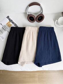 Comfortcana Conjunto de 3 piezas de pantalones cortos de lino de unicolor/multicolor cómodos casuales versátiles talla grande para primavera/verano - azul real - Ver 5