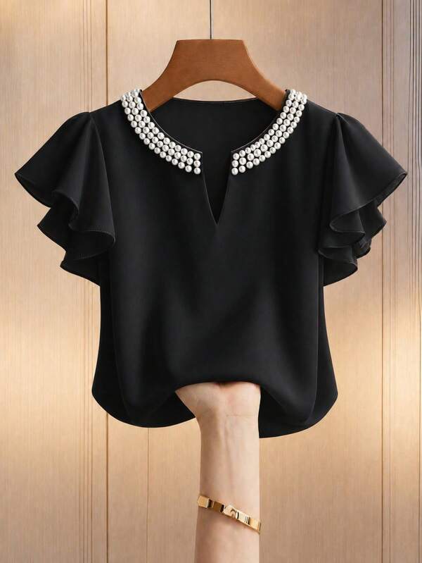 GlowEve CURVE Plus Size Summer Elegant Eleganza Beaded Decor Ruffle Sleeve Blouse Teachers' Day Formal Dinner Black Elegant Women's Blouses
