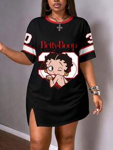 Slaydiva Betty Boop x SHEIN 大尺碼女款字母卡通印花休閒日常夏季洋裝 - 彩色 - 查看 3