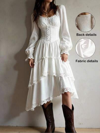 SHEIN Holidaya Romantic Fashion Holiday Dress White Lace Patchwork Tiered Skirt Long Sleeve Date Outfit