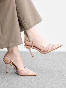 CUCCOO BIZCHIC 女款緞面網格拼接露跟高跟鞋，尖頭雙帶細跟鞋 - 杏色鏡面 - 查看 5