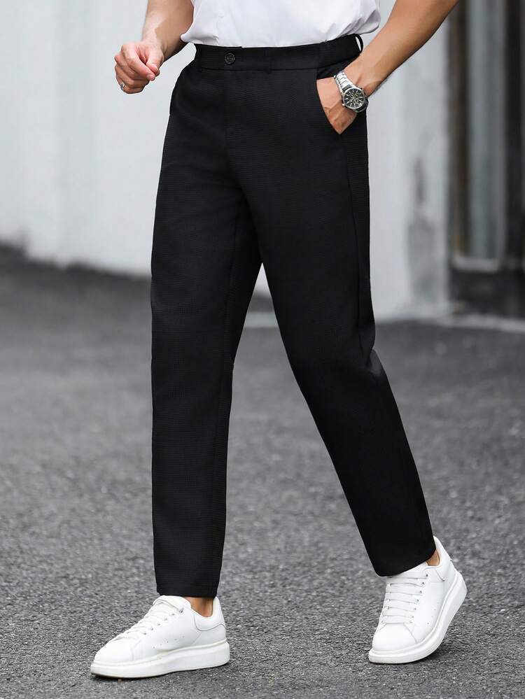 Manfinity Mode Celana Jas Bisnis Kasual Pria Warna Polos, Terbuat dari Kain Bertekstur, Cocok untuk Perjalanan Sehari-hari, Lingkungan Kerja Santai atau Acara Semi-Formal, Juga Hadiah Ideal untuk Pacar dan Suami - Hitam - View 3