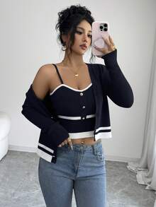 SHEIN Elenzya Women's Autumn/Winter Striped Knit Cardigan And Camisole Knit Vest 2 Pieces Set - Navy Blue - View 6