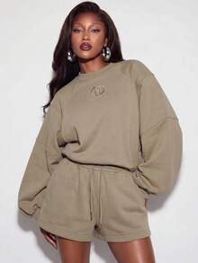 Avantive Women's Fashion Embroidered Long Sleeve Sweatshirt And Drawstring Waist Pocket Shorts 2 Pieces Set Airport Khaki Autumn Casual - Mocha Brown - View 8