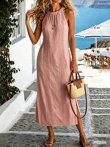 Omancia Women's Summer Solid White Lace Long Casual Vacation Dress - Pink - View 4